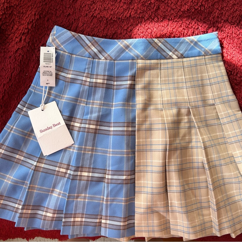 Aritzia Sunday Best Plaid Pleated Skirt - Blue and Tan